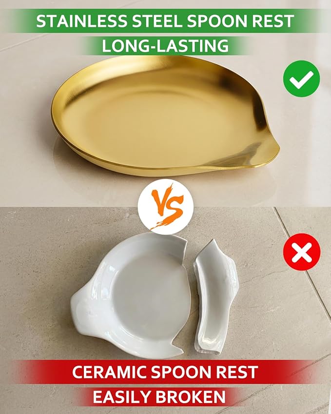 Stainless Steel Spoon Rest, Spatula Ladle Holder, Stainless Steel Utensil Spoon Rest Holder, Brushed Finish, Dishwasher Safe 5.9 x 5.1 Inch (Round Gold 1PC)
