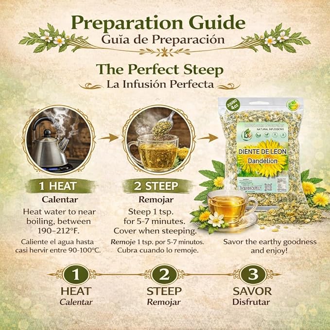 Diente de León Herbal Tea – Dandelion Loose Leaf – 4 oz (113 g) – 100% Natural, Vegan, Non-GMO, Caffeine-Free – Traditional Herbal Infusion – by BexpertsUSA