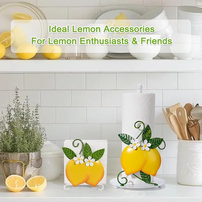 Lemon Paper Towel Roll Holder Countertop - Lemon Housewarming Gifts for Women, Farmhouse Kitchen Decor and Accessories, Vintage Home Yellow Kitchen Counter Decor, 3D Handmade Pattern, Weighted Base