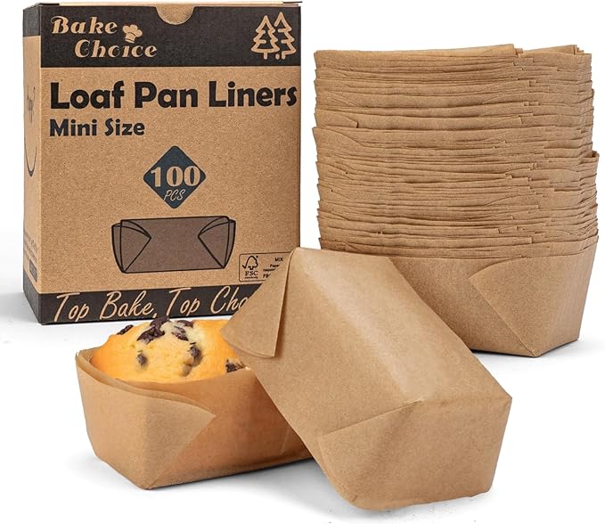 Bake Choice 100 Pcs Mini Loaf Pan Liners Compatible with Wilton Mini Loaf Pan, Natural Parchment Paper Cupcake Liners, Petite Loaf Baking Cups for Cupcake, Muffin, Brownies, 3.15 * 1.97 * 1.57inch