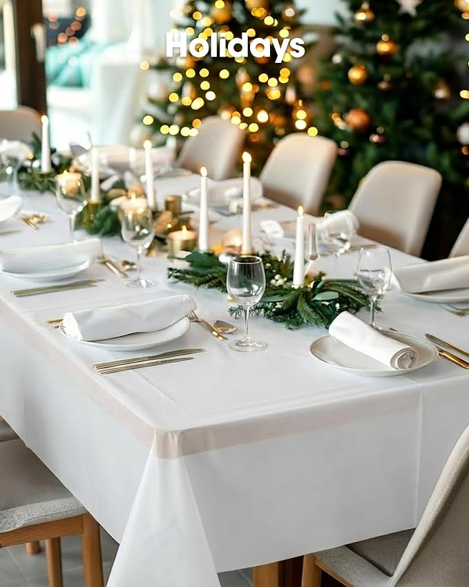 Pureegg Plastic Table Cloth Disposable 10 Pack, 54 x 132 Inch Table Cloths, Party, Picnic, Wedding, Decorative Tablecloths, Rectangle, White Plastic Cover, Leakproof & Sturdy, White