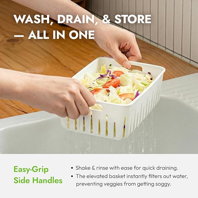 carrotez 16.9 Cup Produce Saver Container for Fridge with White Colander, Airtight Fruit & Vegetable Storage Bin, Removable Strainer Basket, BPA-Free, Stackable, 4.0L