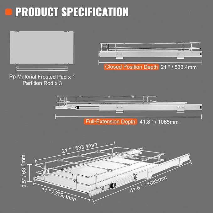 VEVOR 12.5"Wx21"Dx3.5"H Pull Out Cabinet Organizer, Heavy Duty Slide Out Pantry Shelves, Chrome-Plated Steel Roll Out Drawer, Drawer Storage for Home Under Sink, 14"Wx22"Dx7"H Install Size for Cabinet