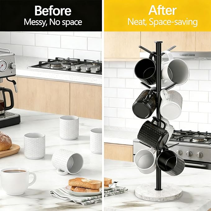 Gypie Marble Mug Holder Tree, 8 Hooks Coffee Cups Stand, New Upgraded Stable Mug Stand for Kitchen Counter Cabinet Cafe Black