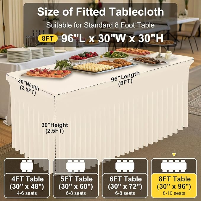 Smiry Spandex Tablecloth 2 Pack, Elastic Fitted Stretch Tablecloth for 8FT Rectangle Tables, Waterproof Washable Table Cover Skirt for Outdoor, Wedding, Banquet & Parties (Beige, 96Lx30Wx30H Inch)