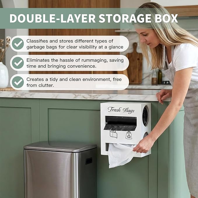 2 in 1 Trash Bag Dispenser, Double Wall Mounted,Wood Trash Bag Holder, used in kitchen, garage, laundry room, can store Environmentally friendly food bags and garbage bags (White/Large)
