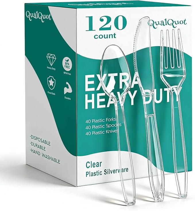 120 Count Heavy Duty Clear Plastic Silverware, 40 Forks, 40 Spoons, 40 Knives, BPA-Free and Heat Resistant, Disposable Cutlery set, Premium Clear Utencils for Party and Daily Use