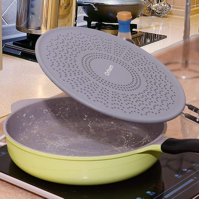 11" Silicone Splatter Screen Pan Cover with Folding Handle, Heat Insulation Cooling Mat, Strainer, Drain Board, Oil Splash Guard for Frying Pan
