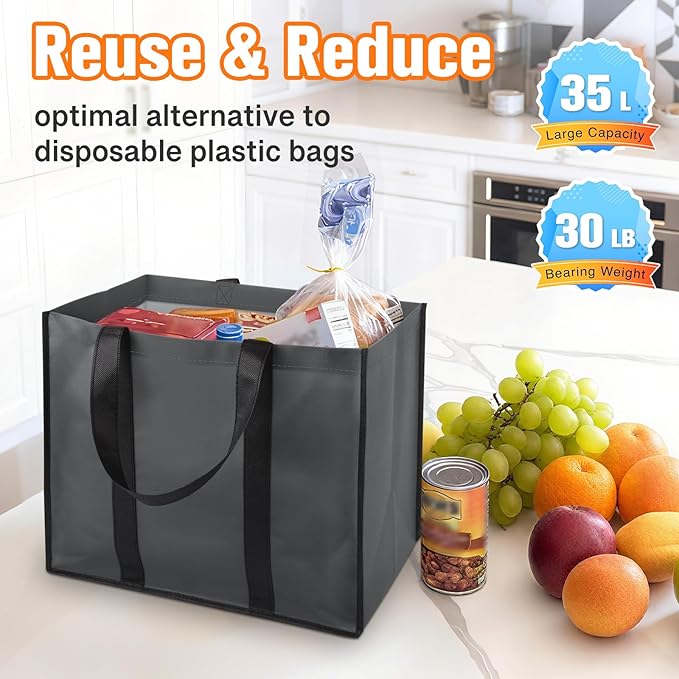 WISELIFE Reusable Grocery Bags with Handles - 3 Pack, 35L Large Shopping Bags for Groceries, Water-Resistant & Foldable Grocery Totes for Lasting Use for Kitchen, Market, Car Trunk, Picnic (Gray)