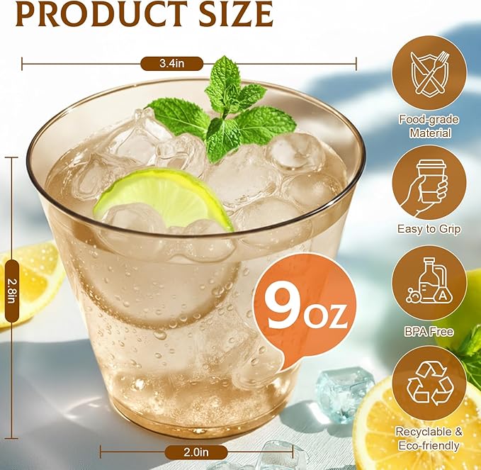 9 oz Clear Plastic Cups Brown Plastic Disposable Cups for Cocktail 50 Pack Fancy Cocktail Cup for Party Stemless Wine Glasses for Party Wedding Graduation Birthday Father's Day