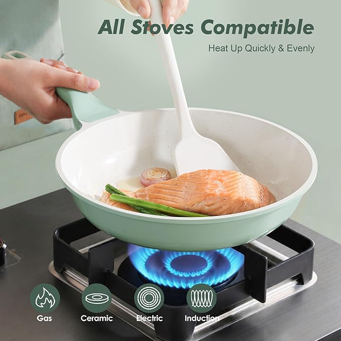 SENSARTE Nonstick Ceramic Frying Pan with Lid 10 Inch Omelet Pan Skillet, Free of Intentionally Added PFAS/PTFE Non-toxic Chef's Pan Induction Compatible Pan, Heat Resistant Handle, Mint Green