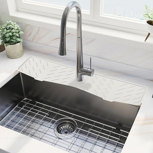 Meiliweser Faucet Mat for Kitchen Sink – 24” x 5.1” Extra-Long Silicone Splash Guard with 10° Slope & Upgraded Drainage – Gen 3 Sink Water Catcher & Sponge Holder for Kitchen, Bathroom (White)