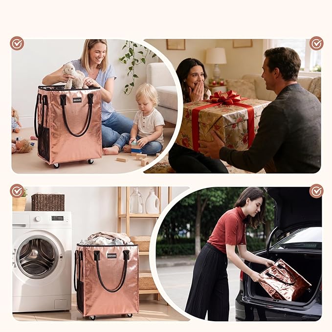 Reusable Hauler Rolling Tote Bag, Collapsible Portable Shopping Bag with Wheels for Groceries, Apartments Laundry, Organization,Heavy Duty Utility Tote Bag for Travel Moving, 75lbs, Rose Gold