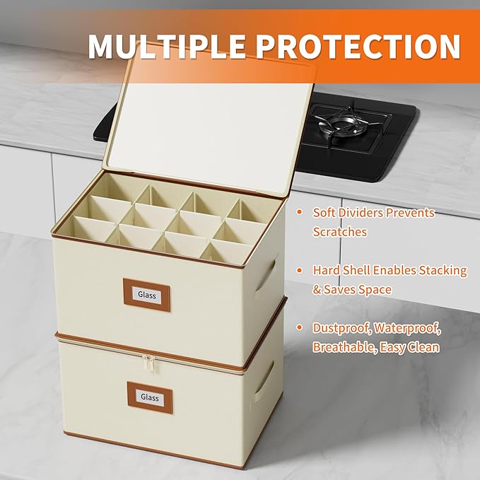 Aokeyee 2-Pack Wine Glass Storage Box with Dividers, Hard Shell Stemware Case Holds 24 Crystal Glasses & Drinkware, for Moving & Protection, Ivory
