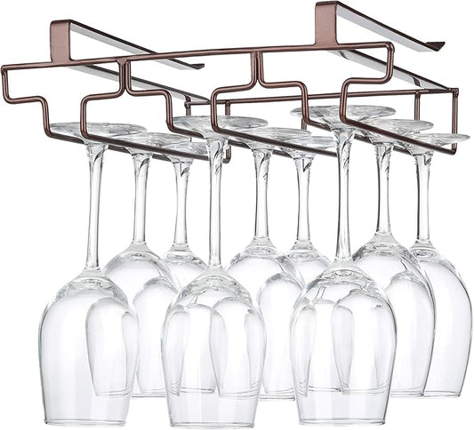 Wine Glass Rack Under Cabinet Drilling Free No Screw Steamware Holder Under Shelf Metal Wine Glasses Holders 304 Stainless Steel Hanger Storage Organizer Hanging Glass Fit for Bar Kitchen 3 Rows Brown