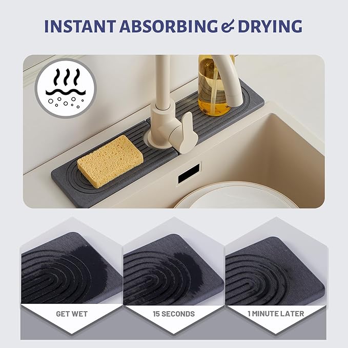 Stone Faucet Mat for Kitchen Sink，Super Absorbent Diatomite Fast Drying Stone and Bathroom Stone Tray for Counter Quick Drying Splash Guard,Prevents Moisture Buildup Sink(Dark Grey,15.8" x 3.9")