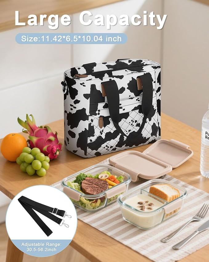 Insulated Lunch Box for Women & Men - Large Thermal Lunch Bag Women with Removable Shoulder Strap, Reusable Lunch Cooler Tote Bags Purse for Adults Work, Picnic, Hiking, Beach, Travel, Medium，Cowprint