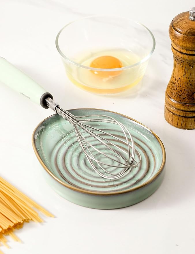 Ceramic Spoon Rest for Stove Top, Spoon Holder for Kitchen Counter, Farmhouse Cooking Utensil Holder for Spoons, Ladles, Spatula, Grey