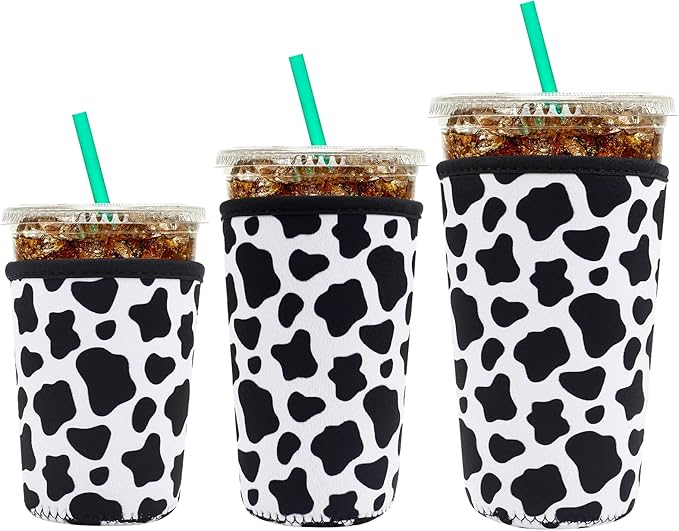 YR Reusable Neoprene Insulator Sleeve for Iced Coffee Cups, 3 Pack Coffee Coolies sleeves for Iced & Hot Drinks, Cold Beverage Cooler Compatible with Starbucks Coffee and More (Cow)