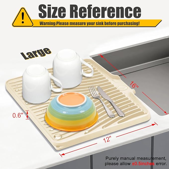 Silicone Dish Drying Mat for Kitchen Counter, Dish Drying Pad, Non-Slip Drain Pad with Built-in Drain, Heat Resistant Stone Drying Mat(Yellowish 16" x 12")