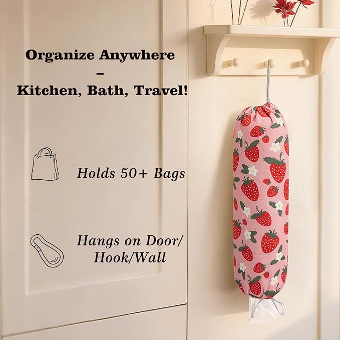 Strawberry Grocery Plastic Bag Holder and Dispenser,Farmhouse Home Decor,Reusable Grocery Accessories Organizer,Garbage Shopping Trash Bags Storage for Kitchen,Gifts for Women Family