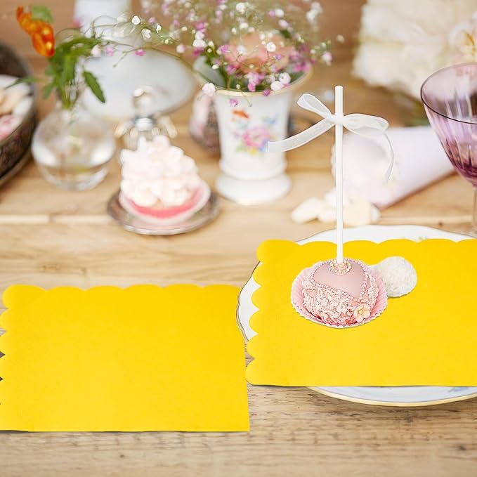 100 Pcs Cocktail Napkins, 2-Ply 5 x 5 Inches Disposable Scalloped Napkins, Thick Premium Dessert Napkins for Party, Wedding, Dinner, Birthday, Anniversary, Festival (Yellow)