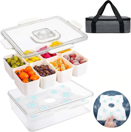 Chilled Snackle Box Container, Snacklebox with Reusable Ice Pack, Beach Essentials Insulated Bag for Parties, Road Trip, 8 Compartment Snack Container, for Fruits, Veggies, Snacks, Keep Food Cold