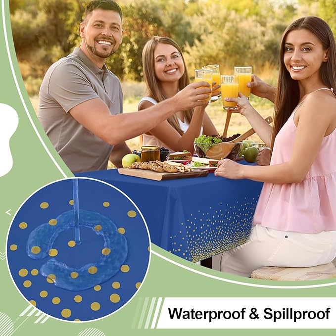 misaya 10 Packs Dot Disposable Table Cloth, 54 x 108 Inch Waterproof Plastic Tablecloth, Rectangle Gold Dots in Navy Table Covers for Picnic, Birthday, Party
