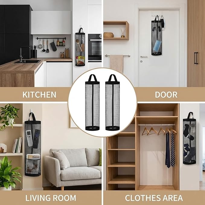 Thinp 3 Pcs Plastic Bag Holder, Grocery Bag Organizer Hanging Storage Dispensers Mesh Bags Dispenser Organizer Breathable Shopping Bags Storage for Home Kitchen Pantry (Black)