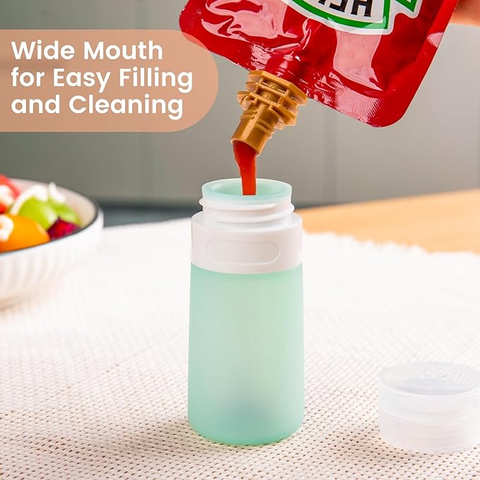 MICEBAY Condiment Squeeze Bottles for Sauces, 2-oz Mini Silicone Salad Dressing Container to Go with Reusable Sandwich Bag, Leakproof Ketchup Bottle for Bento Lunch Box, 4 Pack, Candies