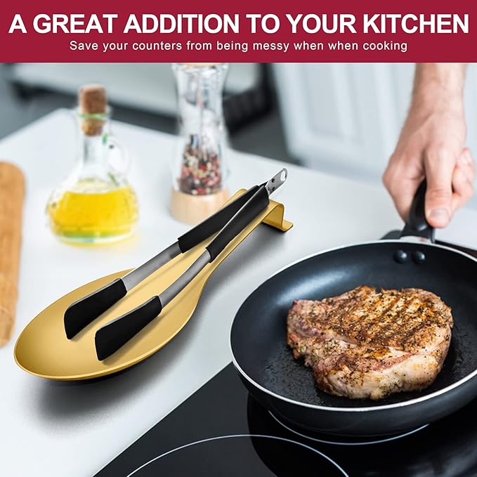 Spoon Rest Set of 2, E-far Stainless Steel Gold Spoon Ladle Holder Spatula Rest for Kitchen Stove Top, Large Size & Dishwasher Safe