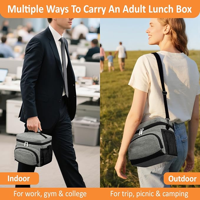Vankor Large Insulated Lunch Bag for Men Women kids, Reusable Lunch Box kids Leakproof with Adjustable Shoulder Strap for Work Teacher School Picnic Beach Travel, Cationic Light Grey
