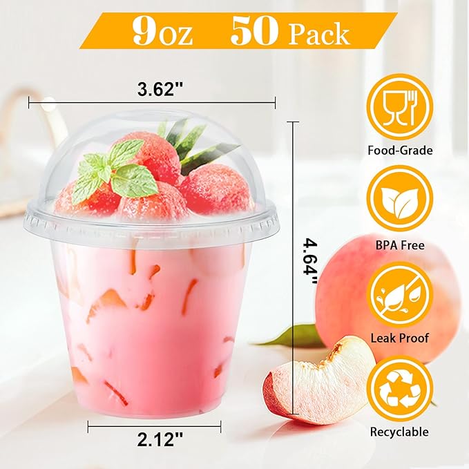 Clawsoff 50 Pack 9 oz Plastic Cups with Dome Lids, Disposable Dessert Cup No Hole, Fruit Cup, Clear Parfait Cups for Cake, Cold Drink, Ice Cream, Salad