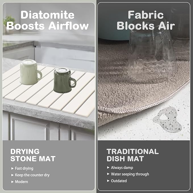 2Pcs Large Stone Dish Drying Mat for Kitchen Counter, Foldable Super Absorbent Diatomaceous Earth Mats with Anti-Slip Leather Base, Quick Drying Modern Dish Mat (White, 24"x 16" & 8"x 4")