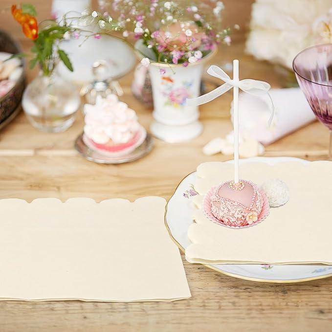 100 Pcs Cocktail Napkins, 2-Ply 5 x 5 Inches Disposable Scalloped Napkins, Thick Premium Dessert Napkins for Party, Wedding, Dinner, Birthday, Anniversary, Festival (Milky-White)