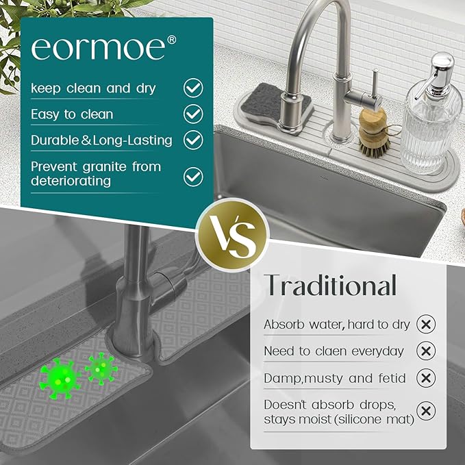 Diatomite Sink Splash Guard - DryingNeat Kitchen Faucet Mat, Instant Dry Water Absorbing Stone Tray for Sink, Durable Protector for Kitchen Bathroom Counter [Light Grey, 17.7" x 3.9"]