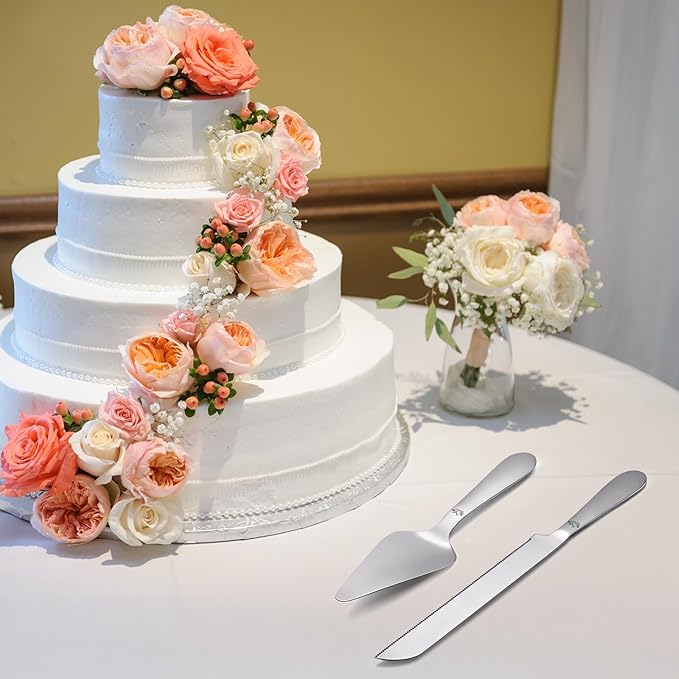Cake Cutting Set for Wedding - Extended Cake Knife and Server Set Thickened Stainless Steel 13.0" Cake Cutter 10.49" Pie Spatula Great for Birthday Anniversary Christmas Gift 2 Pcs Silver