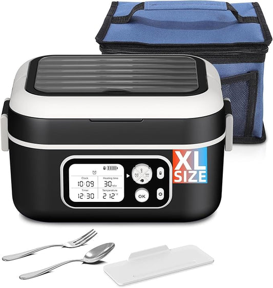 Cordless Electric Heated Lunch Box, XL 6.3Cups Rechargeable Food Warmer Lunch Box with Self Heating, Smart Timer, Adjustable Temperature, Leakproof, BPA Free, Removable Divider Black