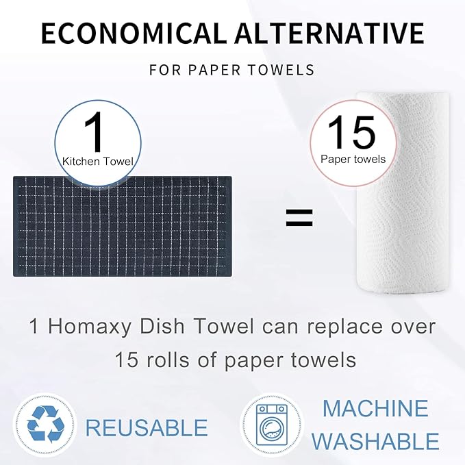 Homaxy 100% Cotton Terry Kitchen Towels(Dark Grey, 13 x 28 inches), Checkered Designed, Soft and Super Absorbent Dish Towels, 18 Pack