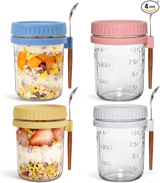 Artcochan 4 Pack Overnight Oats Containers with Lids and Spoons,16 oz Airtight Glass Mason Jars,Leak Proof Overnight Oats Jars for Yogurt, Salad, Chia Pudding