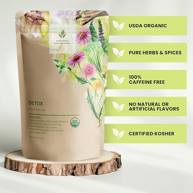 Organic Dandelion Root Detox Loose Leaf Tea, Herbal, Caffeine-Free, KSA Kosher, Ayurvedic with Lemongrass, Peppermint, Echinacea – 4 oz (1 Pack)