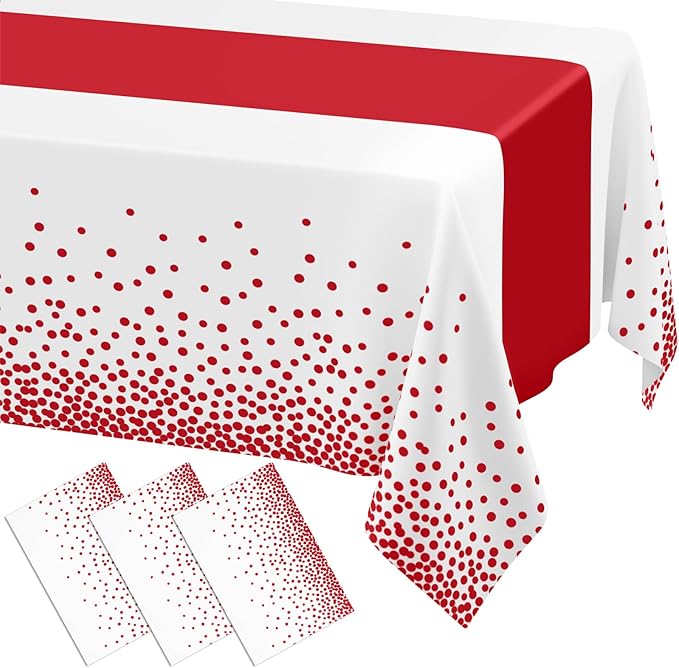 Smiry Plastic Table Cloth Disposable 3 Pack, 54 x 108 Inch Rectangle Waterproof Tablecloth, Printed Gold Table Runner Style for Birthday Weeding, Party Decorations, Leakproof & Sturdy, White and Red