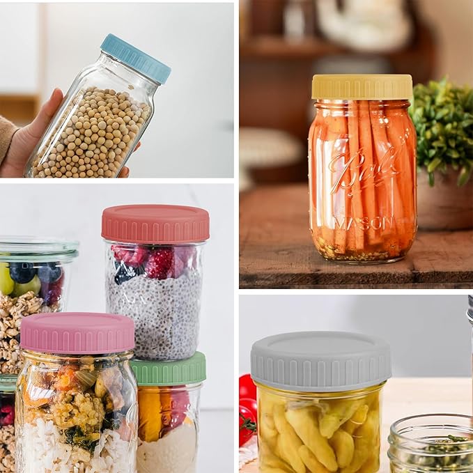 Vaincre 8PCS Wide Mouth Mason Jar Lids, Plastic Mason Jar Canning Lids Tops, Reusable Leak Proof Canning Covers with Silicone Rings for Ball, Kerr and More, Dishwasher Safe