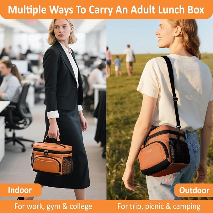 Vankor Insulated Lunch Bag for Men Women, Reusable Lunch Box Leakproof Cooler Lunch Tote Bag with Adjustable Shoulder Strap for Work Office Picnic Beach Travel, Orange