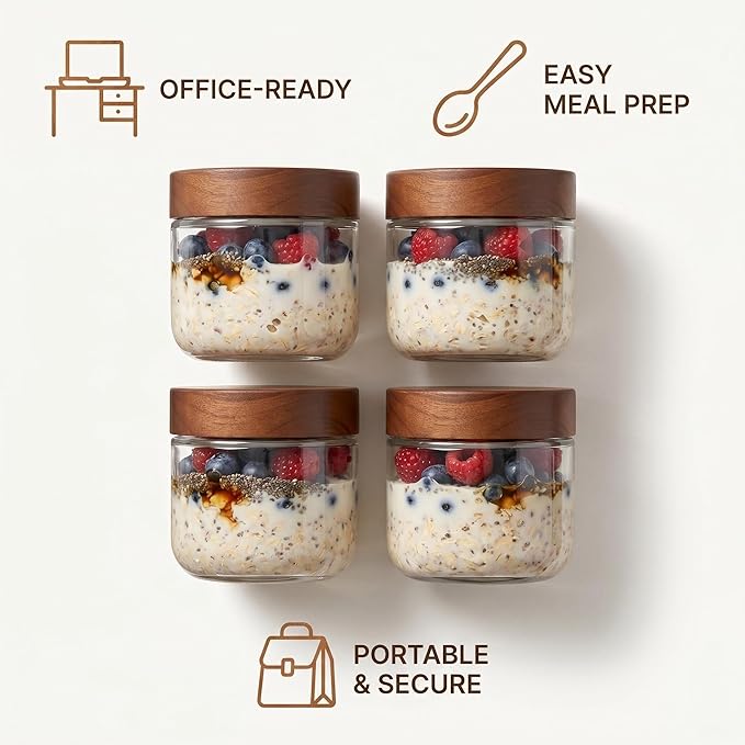 Danmu 8 oz Overnight Oats Containers with Lids,Salad Jar,Glass Jar with Wooden Lid 4 Pack,Mason Jars 8 oz with Lids for Snack,Overnight Oats,Meal Prep,Yogurt,Parfait,Soup,Salad 100% Leak-proof