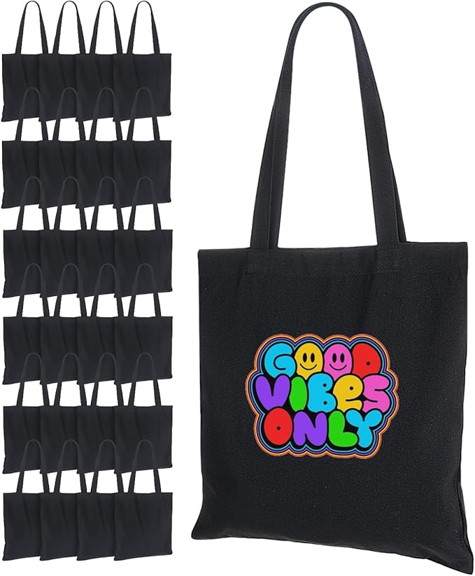 Lzerking 24 Pack Black Canvas Tote Bags for HTV, Painting, Screen Printing, 10oz Thick Blank Canvas for Customized Gifts, Machine Washable Without Shrinking