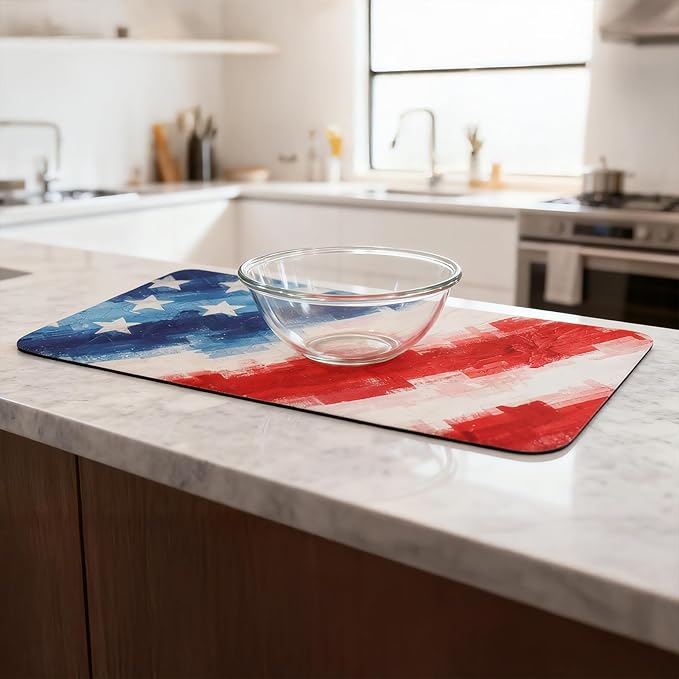 250 anniversary usa American Flag Dish Drying Mat: 12"x20" Patriotic Absorbent Drying Pad, Non-Slip Kitchen & Bar Mat for 4th of July, Memorial Day Home Decor, Retro Vintage Kitchen Counter Protector