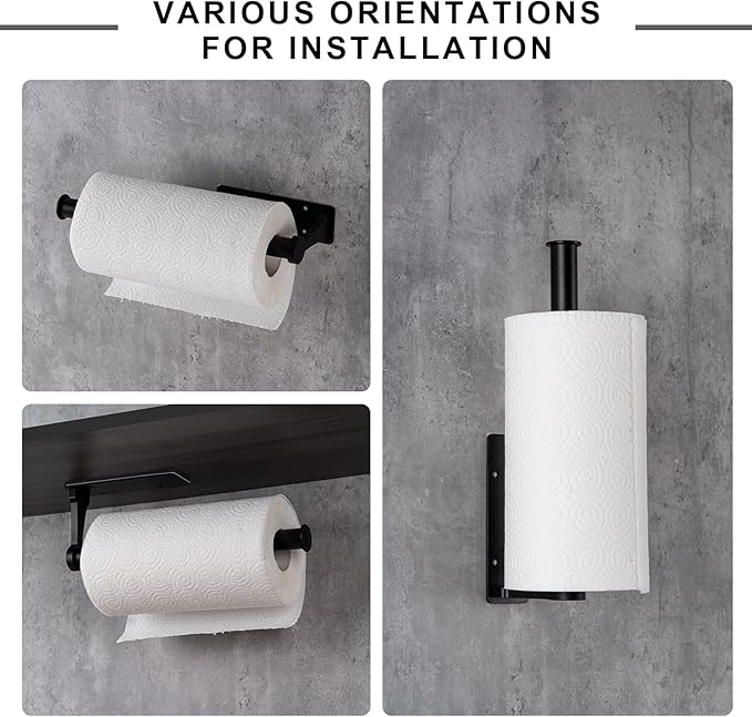 Honmein Paper Towel Holder, Aluminum Alloy Paper Towel Holders, Stylish Wall Mount and Under Cabinet Paper Towel Holders for Easy Access (Black)