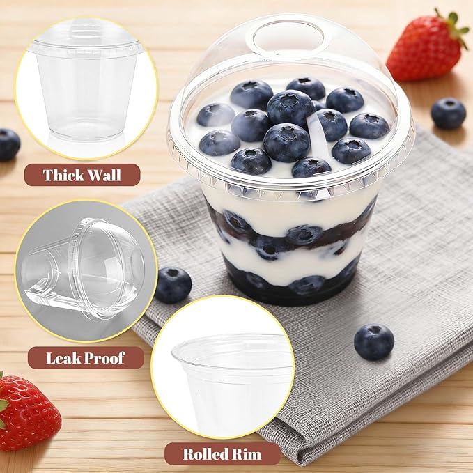 Clawsoff 200 Pack 9 oz Plastic Cups with Dome Lids, Disposable Dessert Cup No Hole, Fruit Cup, Clear Parfait Cups for Cake, Cold Drink, Ice Cream, Salad