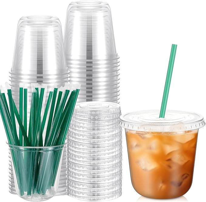 Baderke 25 Set Plastic Cups with Lids and Straws, Disposable Plastic Iced Coffee Cup for Cold Beverage Juice Smoothie Crystal for Coffee Shops Party Catering (Clear,10 oz)